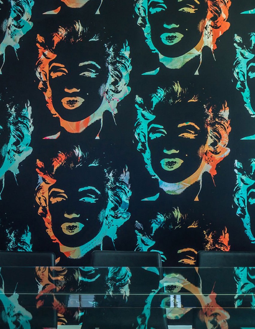Wallpaper Andy Warhol Marilyn Black Chrome Lustre Pastel Turquoise Rose Water Blue Metallic Wallpaper From The 70s