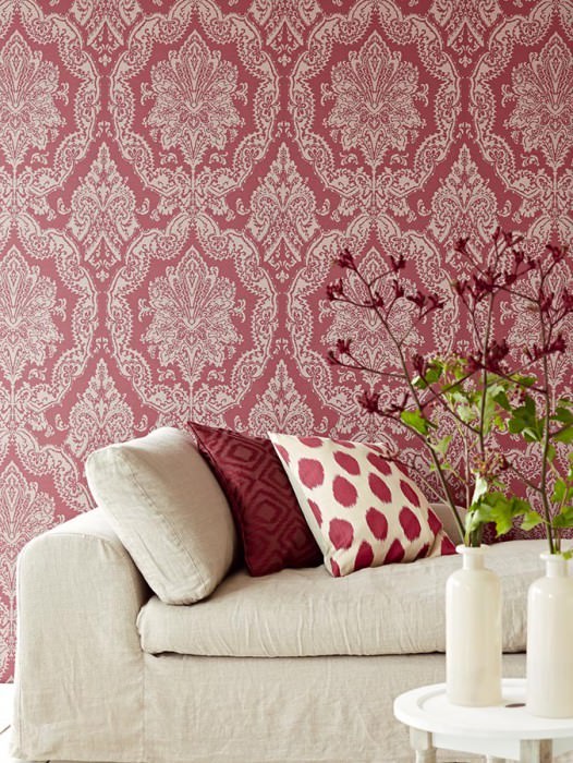 Wallpaper Heigold Matt Looks like textile Baroque damask Ruby red Rosewood glitter
